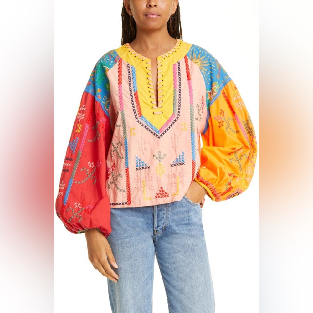 Farm Rio Color Block Embroidered Blouse - Picture 5 of 6